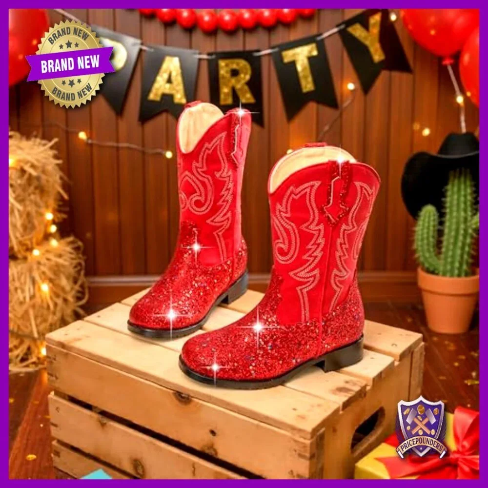 Glitter Cowgirl Boots Mid Calf Western Riding Shoes Toddler Kids Square Toe